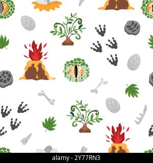 Vector dinosaur seamless pattern. Cute prehistoric animal symbols repeat background. Dino digital paper with volcano, footprints, bones, egg, eye for Stock Vector