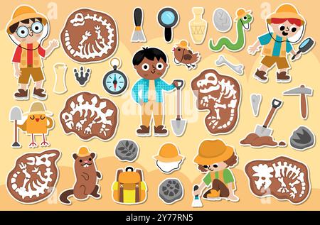 Vector paleontologist sticker pack. Cute prehistoric animal scientist patches collection. Dino researcher illustrations with fossils, bones, tools, br Stock Vector