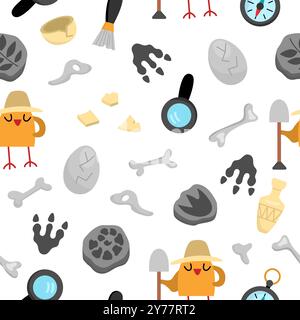 Vector paleontologist seamless pattern. Cute prehistoric animal scientist repeat background. Dino researcher digital paper with fossils, bone, tool, b Stock Vector