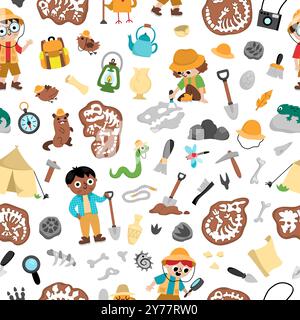 Vector paleontologist seamless pattern. Cute prehistoric animal scientist repeat background. Dino researcher digital paper with fossils, bones, tools, Stock Vector