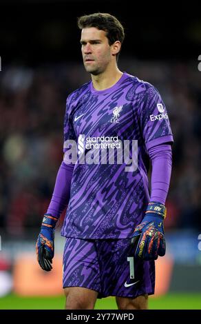 Liverpool's Alisson Becker during the Premier League match at Molineux Stadium, Wolverhampton. Picture date: Saturday September 28, 2024. Stock Photo