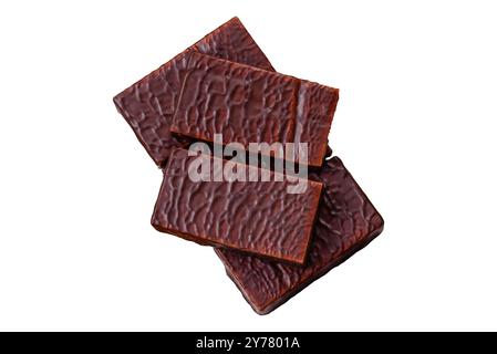 Rectangular chocolate candies with mousse and waffles on a white background Stock Photo