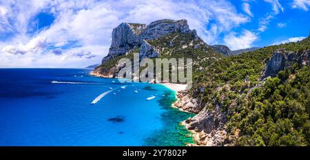 Best and most beautiful beaches of Sardegna island (Italy) - impressive Cala Sisine in gulf of Orosei .  Aerial panoramic drone view of white sandy be Stock Photo