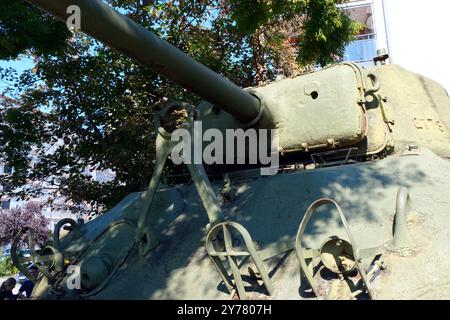 Turret hatch race and gun of a World War II American armoured Sherman tank exhibited in a park in the French town of Colmar. Stock Photo