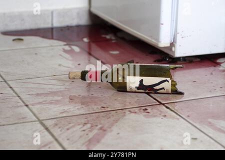 Glass bottle, broken, red wine, tiles, dirt, red, A red wine bottle has fallen on the floor. Shards of glass and wine are scattered on the kitchen flo Stock Photo