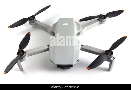 Dji mavic mini 2, the smallest drone launched by DJI. Drone weighing only 249 g. Isolated on white background. Vinnytsia, Ukraine, January 9, 2022, Eu Stock Photo