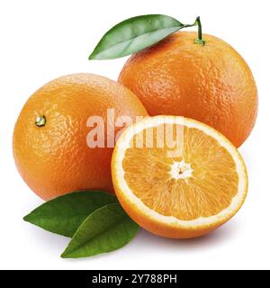 Ripe oranges with leaves isolated on white background. Clipping Path Stock Photo