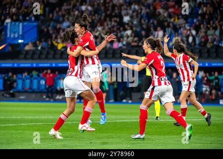 Coruña, Spain. 28 September, 2024. Women First Division Football. RC Deportivo Abanca vs Athletic Club Bilbao. Riazor Stadium. Goal celebration Credit: Ismael Miján/Alamy Live News Stock Photo