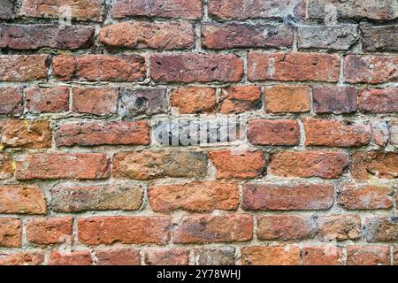 Ancient brick wall in closeup creating horizontal pattern of warm coloured brickwork Stock Photo