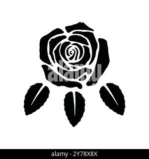 Rose flower with leaves silhouette illustration. Decorative flower design element vector. Stock Vector