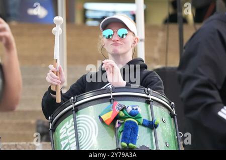 Seattle, United States. 28th Sep, 2024. A drummer for the Sounders FC band, Sound Wave, plays for fans before an MLS match against Houston Dynamo at Lumen Field in Seattle, Washington on September 28, 2024. (Photo credit Nate Koppelman/Sipa USA) Credit: Sipa USA/Alamy Live News Stock Photo