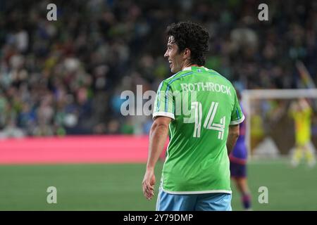 Seattle, United States. 28th Sep, 2024. Seattle Sounders FC midfielder Paul Rothrock (14) laughs during an MLS match against Houston Dynamo at Lumen Field in Seattle, Washington on September 28, 2024. (Photo credit Nate Koppelman/Sipa USA) Credit: Sipa USA/Alamy Live News Stock Photo