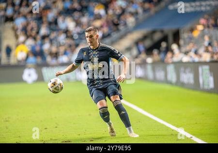 Chester, Pennsylvania, USA. 28th Sep, 2024. Philadelphia Union's MIKAEL UHRE (7) in action against Atlanta United FC during the match at Subaru Park in Chester PA (Credit Image: © Ricky Fitchett/ZUMA Press Wire) EDITORIAL USAGE ONLY! Not for Commercial USAGE! Credit: ZUMA Press, Inc./Alamy Live News Stock Photo