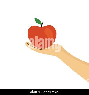 Minimalist illustration of a hand holding red apple with green leaf. Healthy food concept. Stock Vector