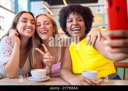 Three multiracial Friends Taking a Selfie in a Cafe Stock Photo