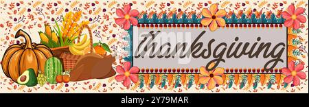Colorful Thanksgiving banner with a harvest cornucopia, autumn leaves, and bright flowers. Perfect for seasonal décor and festive holiday celebration. Stock Vector