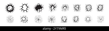 Black Silhouettes of Cracks Isolated on White Background. Concept of Fracture, Damage, Broken Surface, Abstract Shapes. Print, Icon, Design Elements. Stock Vector