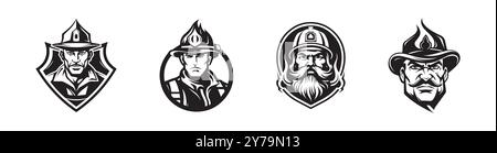 Black and white firefighter emblems isolated on a white background. Concept of fireman illustrations, rescue heroes, safety, emergency response. Print, icon, design elements. Set. Stock Vector
