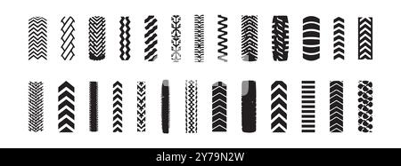 Collection of Black Tire Tracks on White Background. Concept of Automotive Icon, Vehicle Prints, Track Marks, Wheel Patterns. Design Element, Illustration Set. Stock Vector