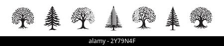 Set of black silhouettes of deciduous and coniferous trees in various styles isolated on a white background. Concept of nature, tree illustration, forest elements, and botanical design. Stock Vector