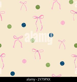 Tennis balls and bows seamless pattern. Preppy serve repeat background. Vector continuous surface design. Stock Vector