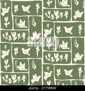 Birds patchwork seamless pattern with various floral elements arranged in rectangular segments. Pigeons with flowers. Perfect for home decor or textil Stock Vector