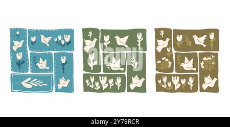 Doves and flowers cards set. Flying pigeon holding an olive branch and florals square icons. Hand drawn flat birds collection illustration isolated on Stock Vector