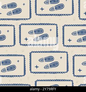 Footprint emblem seamless pattern. Boot prints in frame retro endless background. Cozy slippers repeat cover. Vector hand drawn flat illustration. Stock Vector