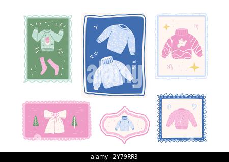 Winter holidays cozy stamps and emblems featuring sweaters, scarfs and baubles. Stickers with Christmas decoration. Vector hand drawn flat collection Stock Vector