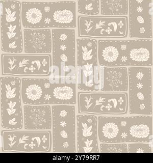 Neutral-toned patchwork seamless pattern with floral and botanical elements arranged in rectangular segments. Flowers vector continuous ornament. Perf Stock Vector