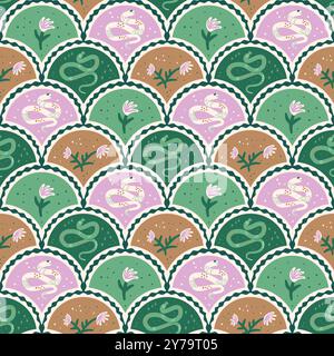 Snakes scallop seamless pattern. Reptiles and flowers arch repeat background. Animal surface pattern design. Vector hand drawn flat illustration. Stock Vector