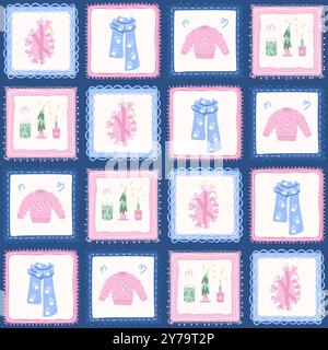 Winter quilted seamless pattern. Cozy clothing, Christmas baubles, candles endless background. Preppy colors seasonal repeat cover. Warm apparel conti Stock Vector