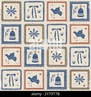 Winter holidays patchwork poster. Bow, snowflake and candles in frame seamless pattern. Retro endless background. Vector illustration. Stock Vector