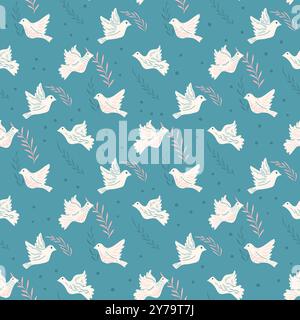 Pigeons seamless pattern. Flying birds on sky repeat background. Vector hand drawn illustration. Stock Vector