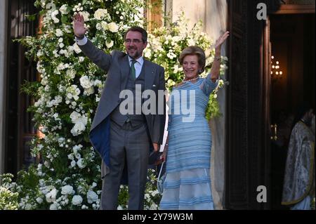 Athens, Greece. 28th Sep, 2024. Prince Nikolaos of Greece and former Queen Anne-Marie of Greece arrive at the Metropolitan Cathedral of Athens for the wedding of Princess Theodora of Greece with Matthew Kumar in Athens, Greece, on September 28, 2024. (Photo by Nicolas Koutsokostas/NurPhoto) Credit: NurPhoto SRL/Alamy Live News Stock Photo