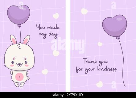 Thank You cards. Cute bunny with balloon on purple checkered background with phrases. Isolated vertical posters Thankful banner, Grateful Greetings, A Stock Vector