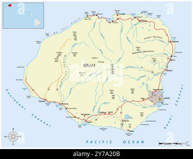 Road map of the hawaiian island of kauai, united states Stock Photo