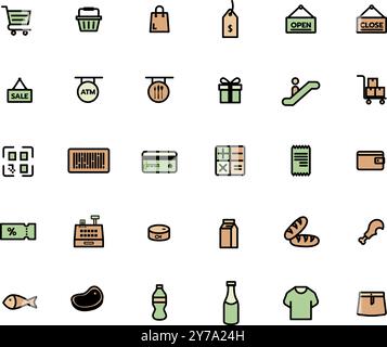 Supermarket outline filled icons set, vector illustration image Stock Vector