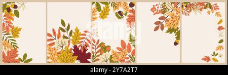 Set of autumn frames with colorful fall leaves. Stock Vector