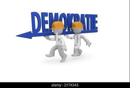 Small character worker with an blue arrow and the German word democracy on a white background, 3d rendering  RECORD DATE NOT STATED Stock Photo