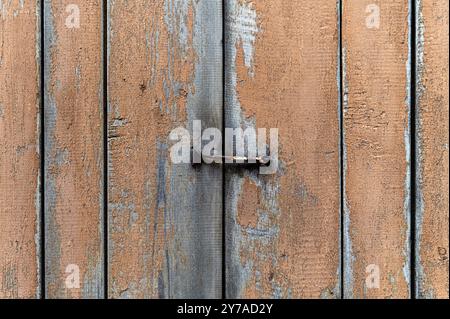 A close-up view reveals a rustic wooden fence with a rusty nail and textures from weathering. Stock Photo