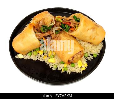 Jumbo shredded duck meat and vegetable filled spring rolls with egg fried rice isolated on a white background Stock Photo