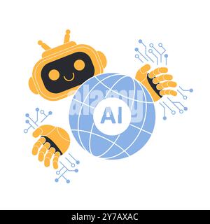 Future digital world creation with AI. Cute robot arms holding planet with AI label, digital circuits to create reality, innovations influence people lifestyle and trends cartoon vector illustration Stock Vector