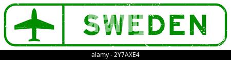 Grunge green sweden word with plane icon square rubber seal stamp on white background Stock Vector