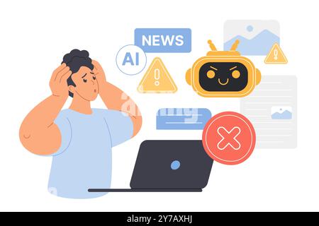 Stop fake news, AI technology control. Futuristic robot character and ...