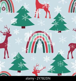 Merry Christmas vector seamless pattern. Winter holidays background, wallpaper with boho rainbows, reindeers, Christmas trees and hand drawn snowflake Stock Vector