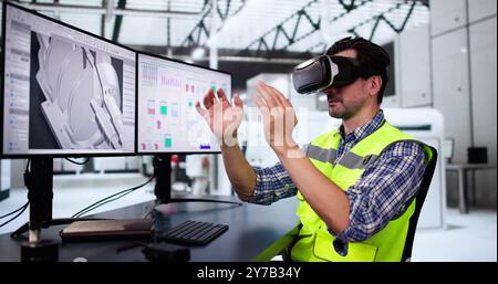 Virtual Reality Headset And Industrial Factory. VR Technology At Work Stock Photo