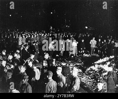 The public burning of 'un-German' books by members of the SA and university students on the Opernplatz in Berlin in 1933. Stock Photo