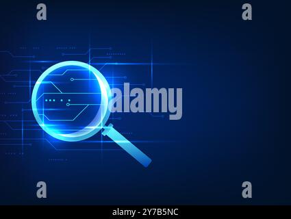 Technology, searching for information, magnifying glass looking at technology circuits Shows searching for information through a high-speed internet n Stock Vector