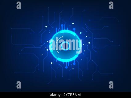 Technology abstract background. Hi-tech circles connected with technology circuits. It represents the technology of sending data to the system for pro Stock Vector